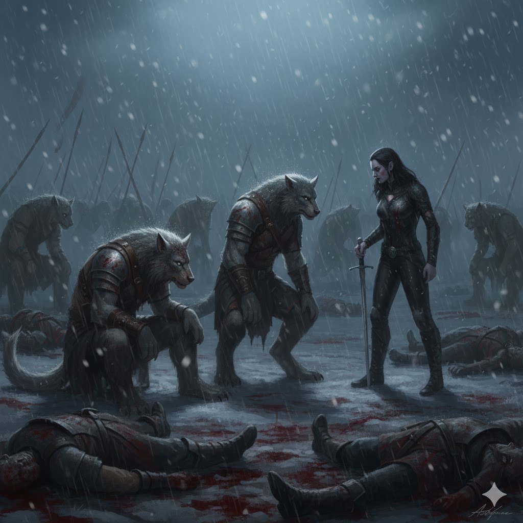 Wounded werewolves and vampires across battlefield, exhaustion, respect growing between enemies, blue moonlight